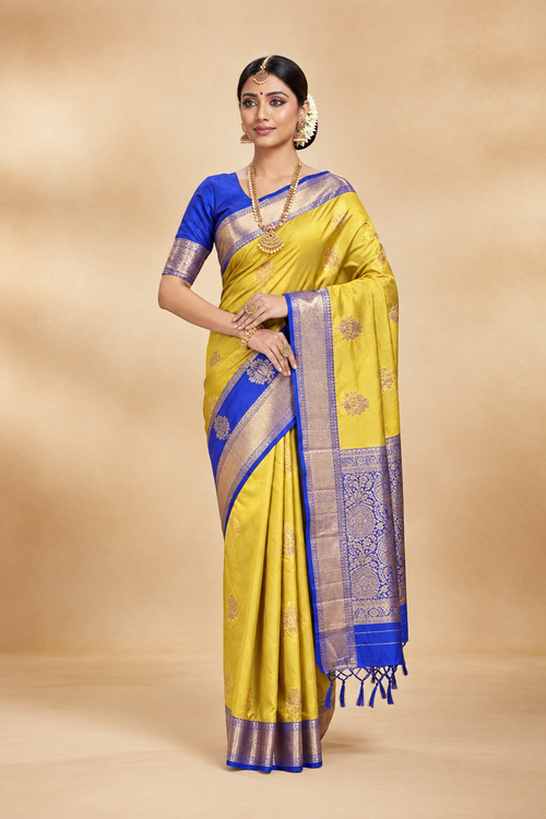 Brighter model image of the Antique Gold & Royal Blue Saree