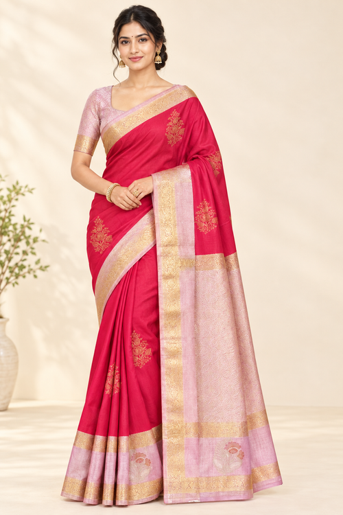 Crimson Red Saree model image with the blouse matched to the blouse photo
