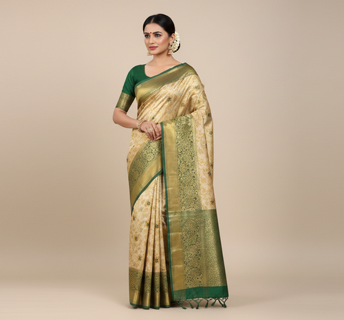 Cream Pure Brocade Saree with Contrast Border