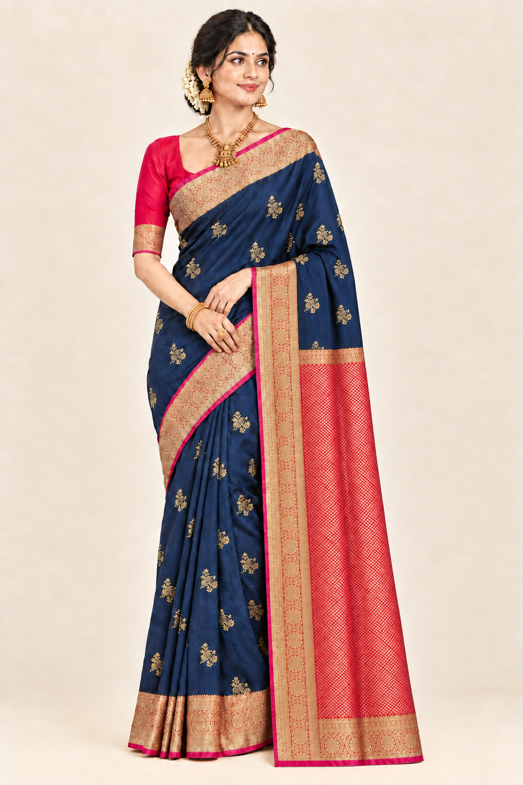 Model in navy saree with the red and gold pallu starting right below the waist