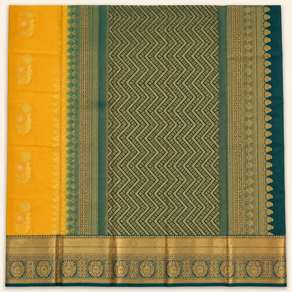 Mustard Teal - pallu detail