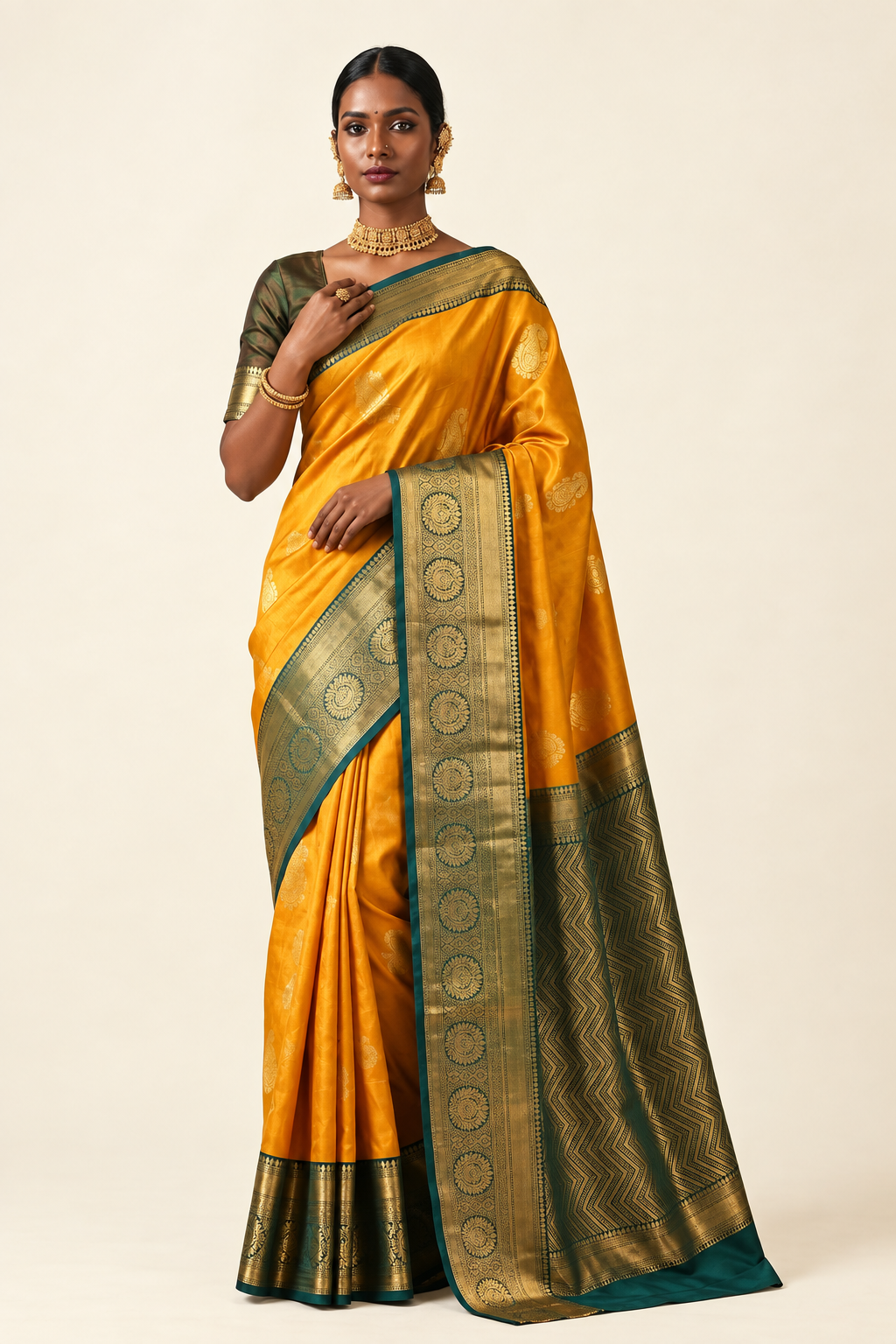Mustard Yellow Kanjivaram Saree — No Blouse Piece