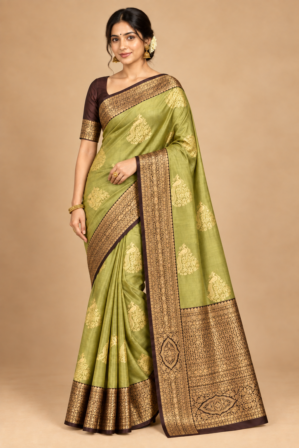 Olive Green Art Silk Saree Model