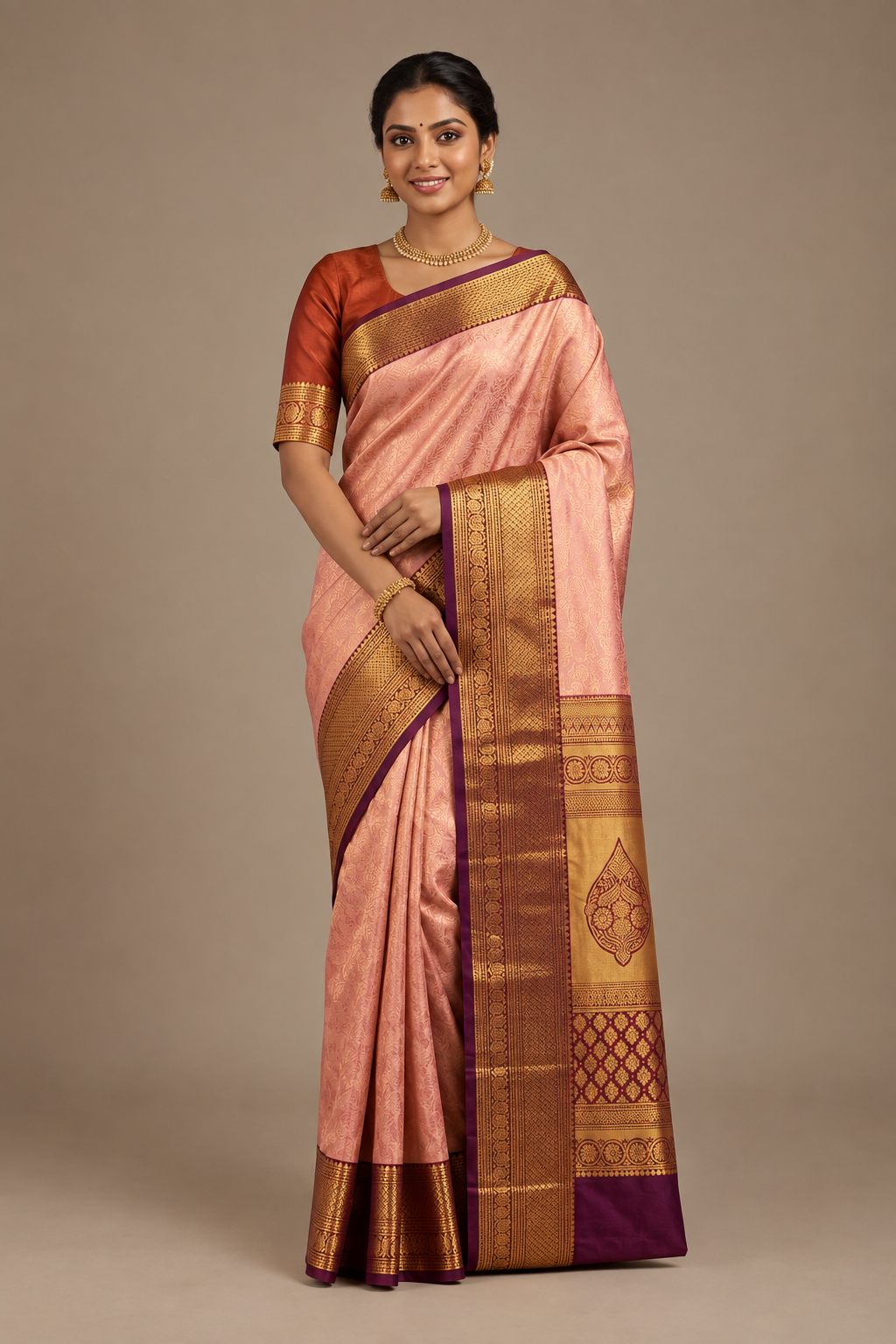 Peach Saree with Terracotta Blouse