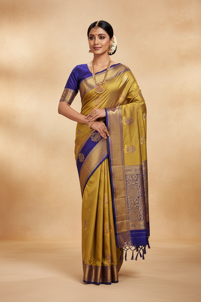 Antique Gold & Royal Blue Saree