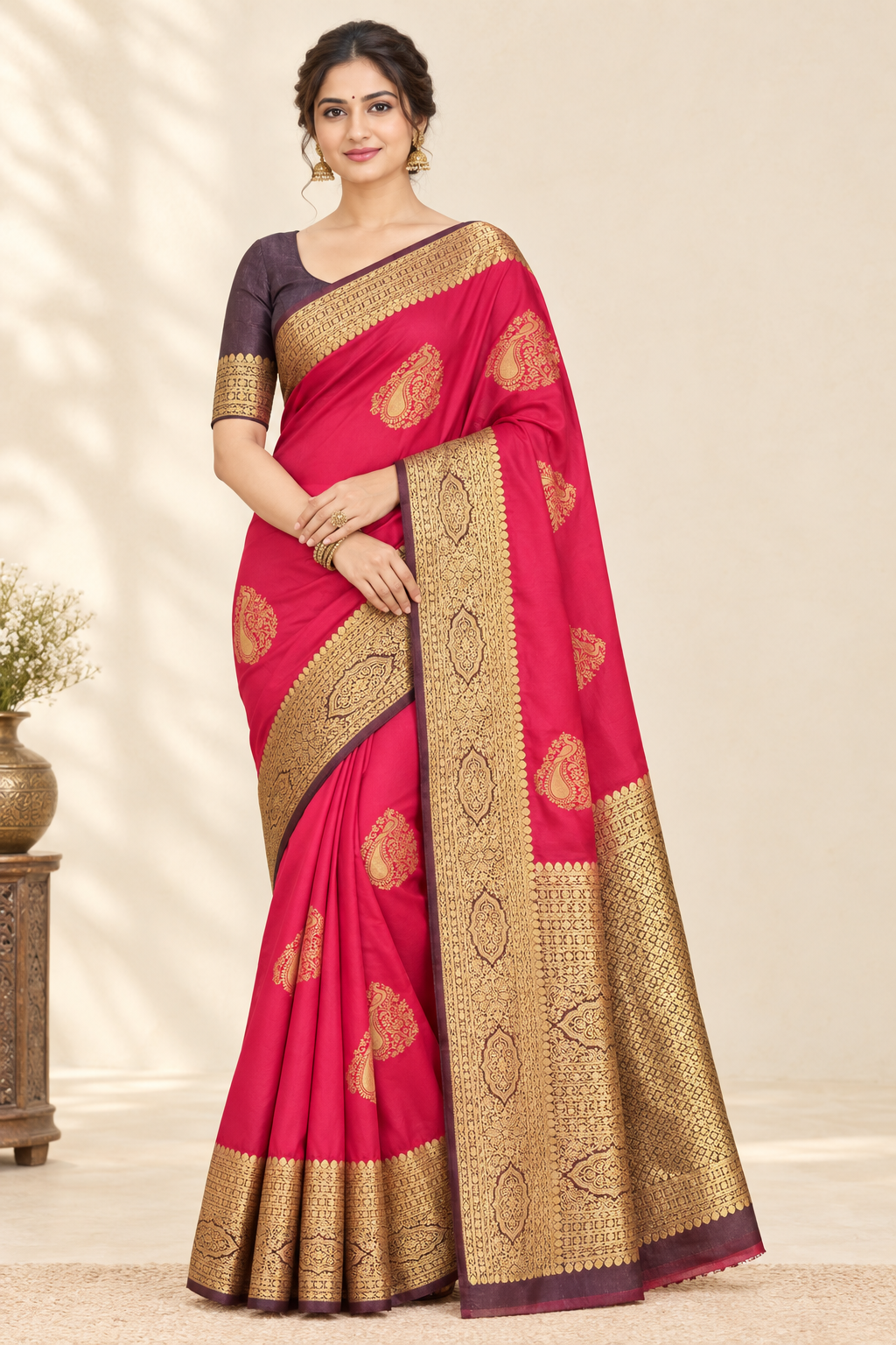 Ruby Red Saree model image with the blouse matched to the blouse photo