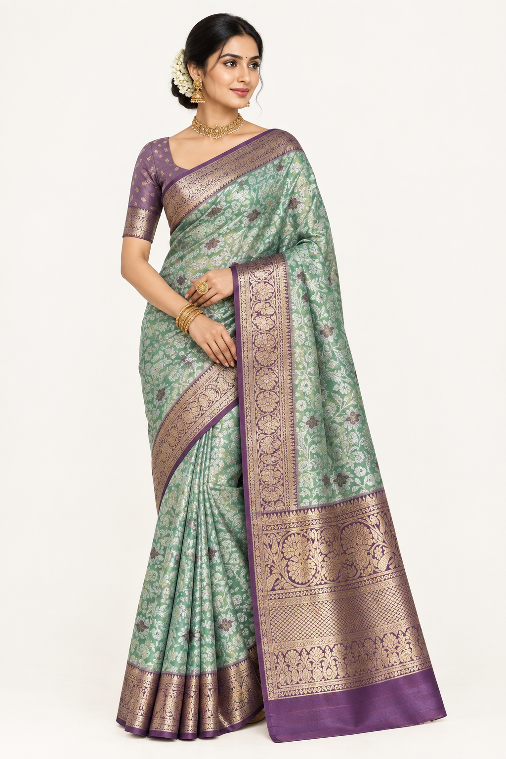 Sea Green Banarasi Saree with Blouse - Model
