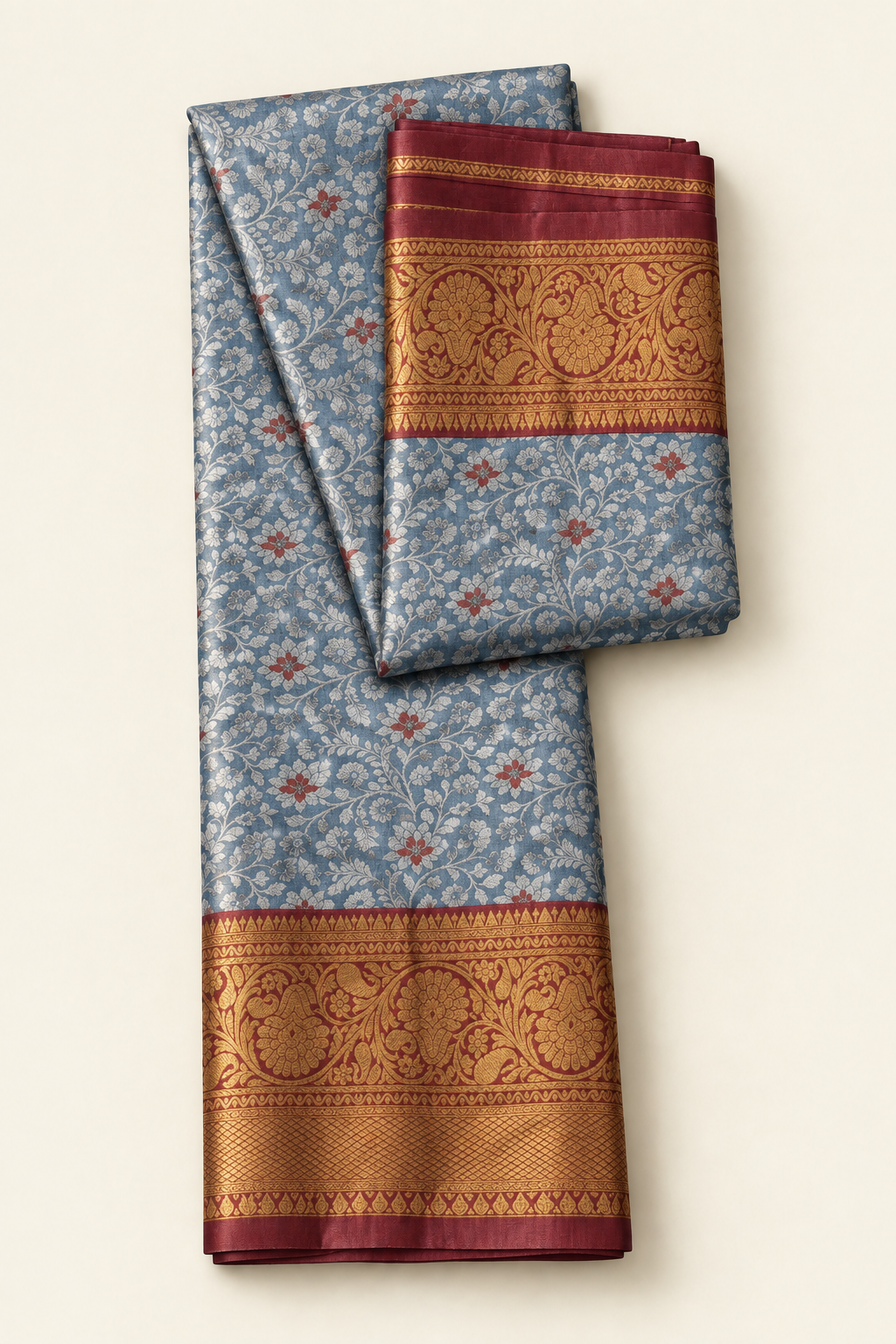 Steel Blue Art Silk Saree - Desaturated Realistic