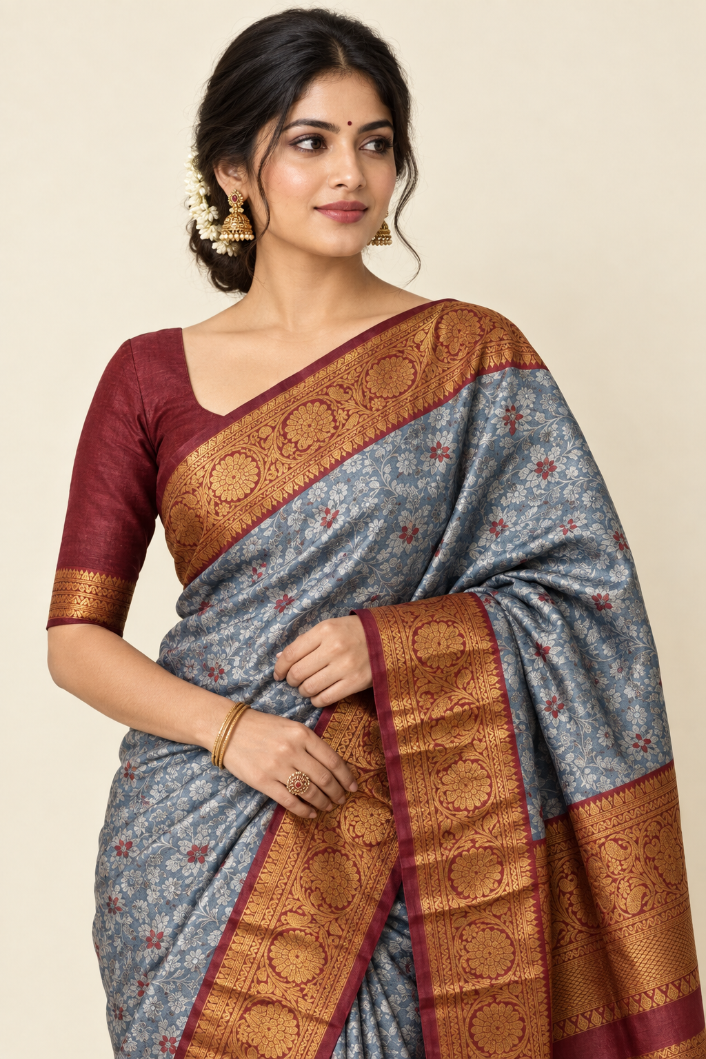 Steel Blue Art Silk Saree - Realistic Creased Drape